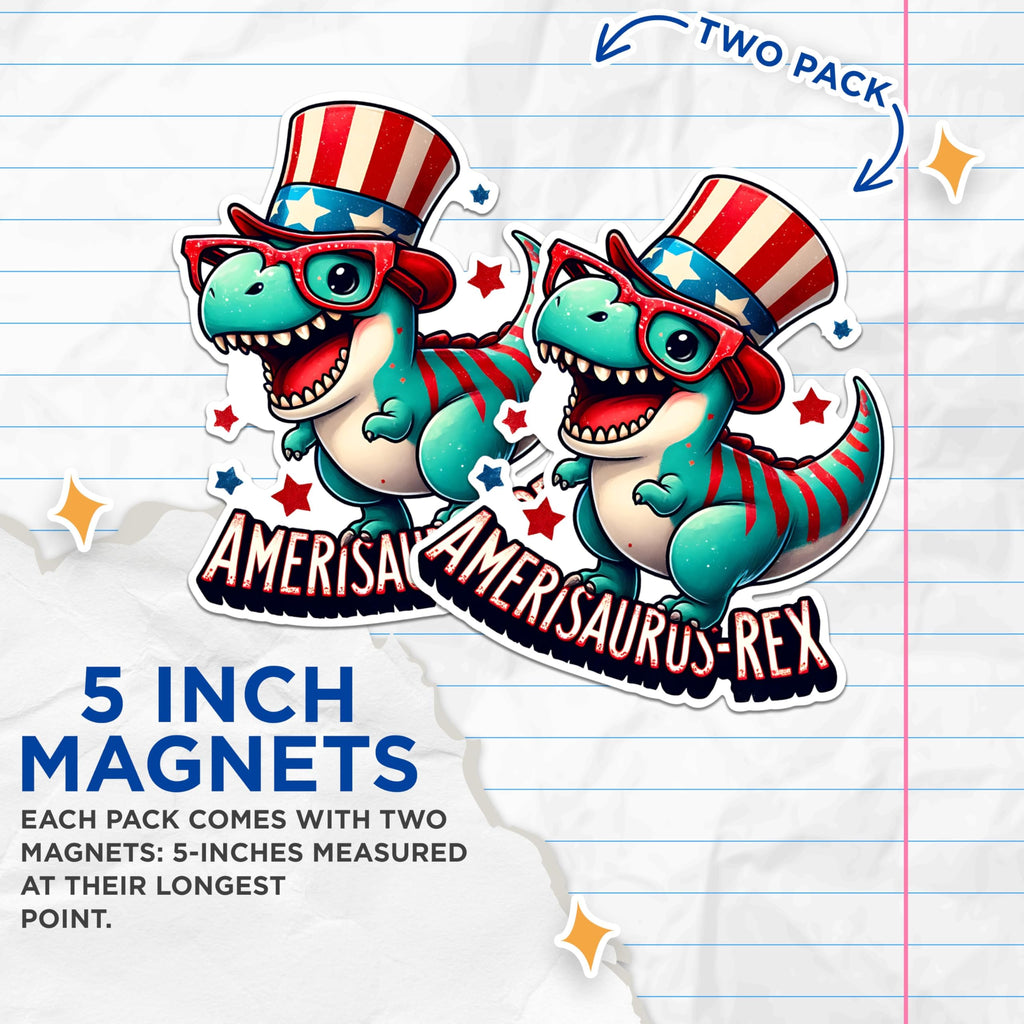 (2 Pack) Amerisaurus-Rex Magnets - Patriotic Dinosaur Magnets - Cute T-Rex Magnets - July 4th Decor Magnets- 5" On Longest Side - for Fridges, Toolboxes, Cars - Made in USA - MAG2719