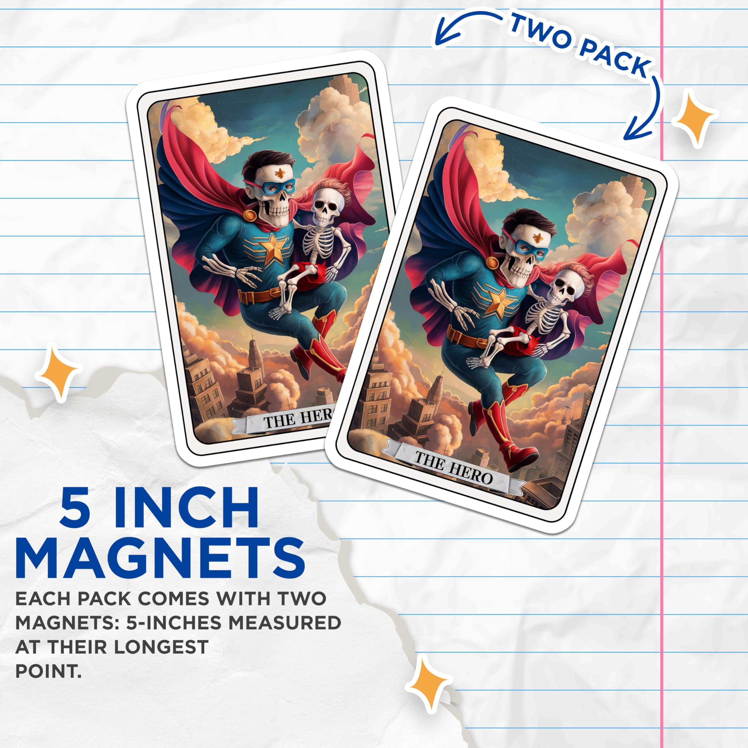 (2 Pack) Hero Magnets - Superhero Skeleton Art - Comic Book Style - 5" On Longest Side - for Cars, Fridges, Toolboxes - Made in USA - MAG4466