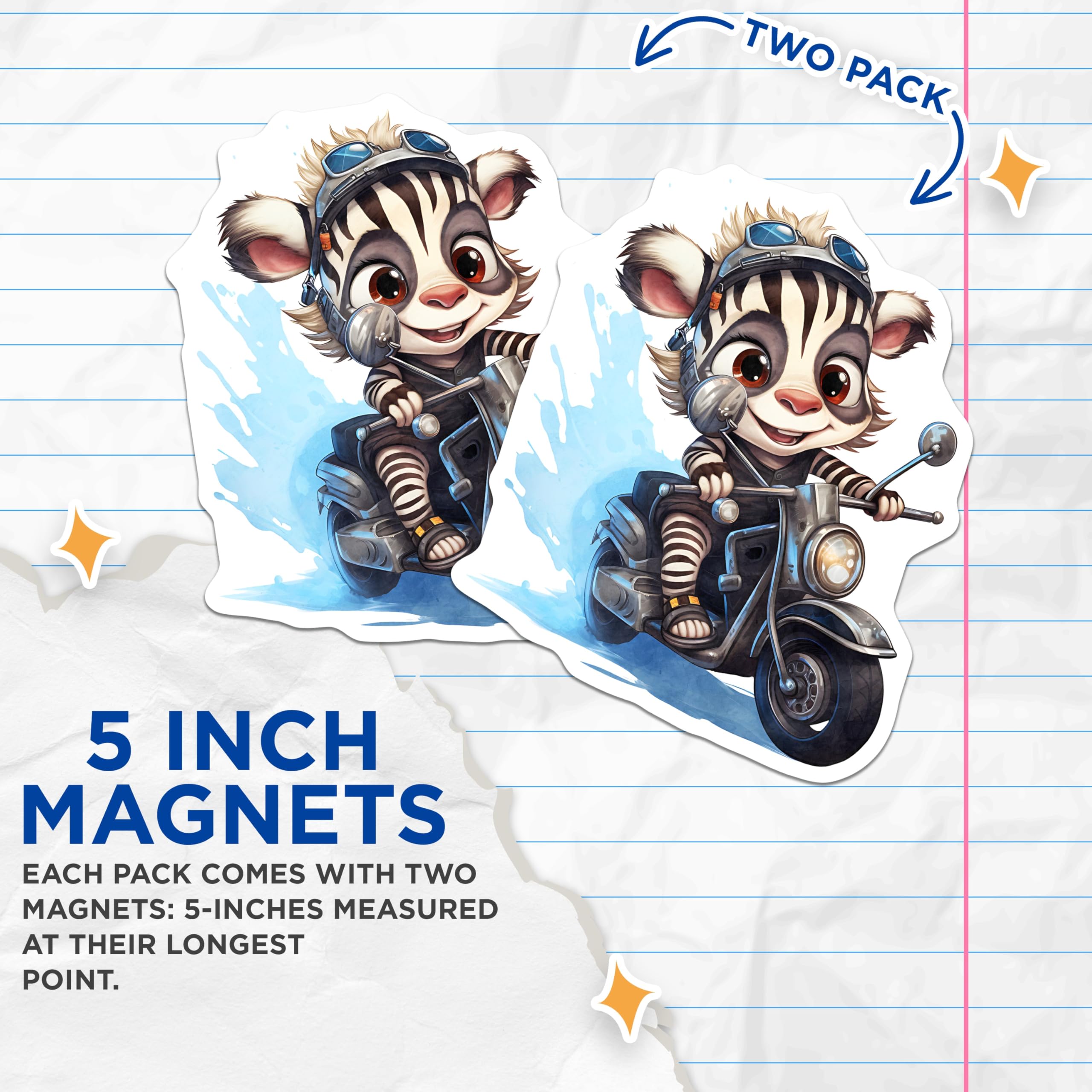(2 Pack) Zebra Motorcycle Magnets - Cartoon Animal Decor - Cute Fridge Magnets for Kids - 5" On Longest Side - Premium Magnet - for Cars, Refrigerators, Toolboxes, Lockers - Made in USA - MAG17006