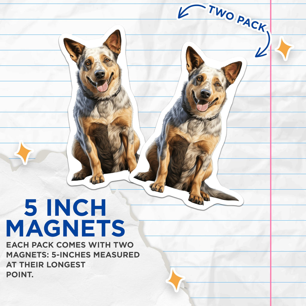 (2 Pack) Blue Heeler Dog Magnets - Australian Cattle Dog Decor - Pet Owner Kitchen Art - 5 Inches On Longest Side - Thick Durable Magnet - Made in USA - MAG27203