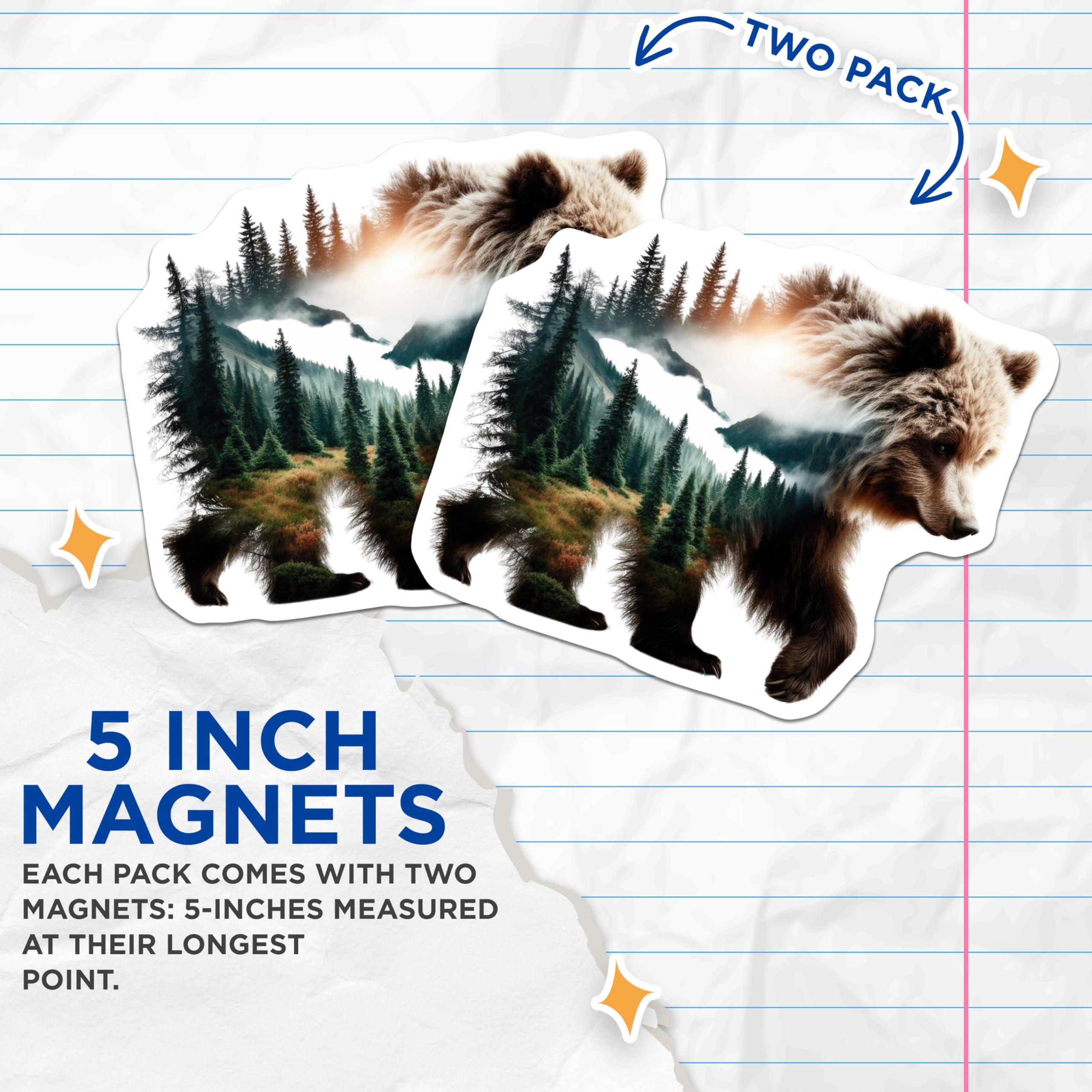 (2 Pack) Bear Magnets - Forest Landscape Art - Animal Refrigerator Decors - 5" On Longest Side - Premium Magnet - for Cars, Refrigerators, Toolboxes, Lockers - Made in USA - MAG15661