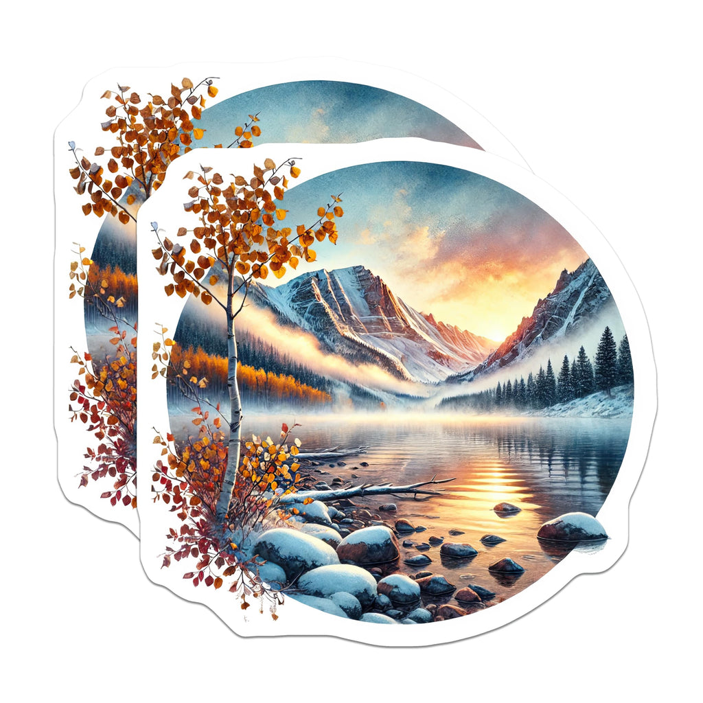 (2 Pack) Mountain Lake Sunrise Magnets - Snowy Alpine Peaks View - Autumn Aspen Forest - Winter Nature Art - 5 Inches On Longest Side - Thick Durable Magnet - Made in USA - MAG19418