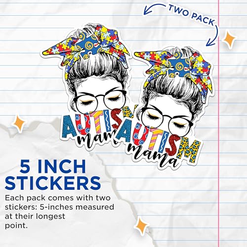 (2 Pack) Autism Mama Stickers - Puzzle Piece Theme Stickers - Awareness Stickers for Moms - 5" On Longest Side - Sticks to Any Smooth Flat Surface - Made in USA - BMCS2952