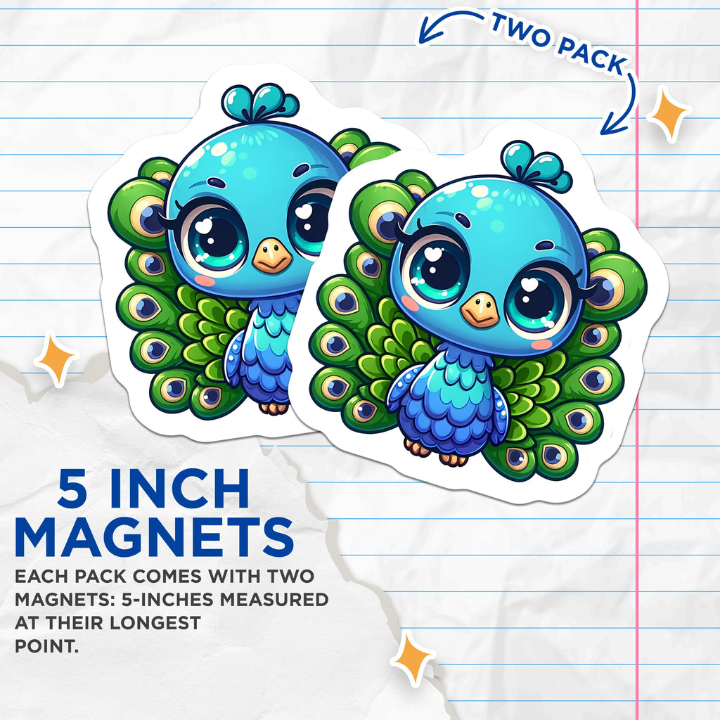 (2 Pack) Cute Peacock Magnets - Kawaii Animal Fridge Decor - Chibi Bird Locker Accessories - 5 Inches On Longest Side - Thick Durable Magnet - Made in USA - MAG36356