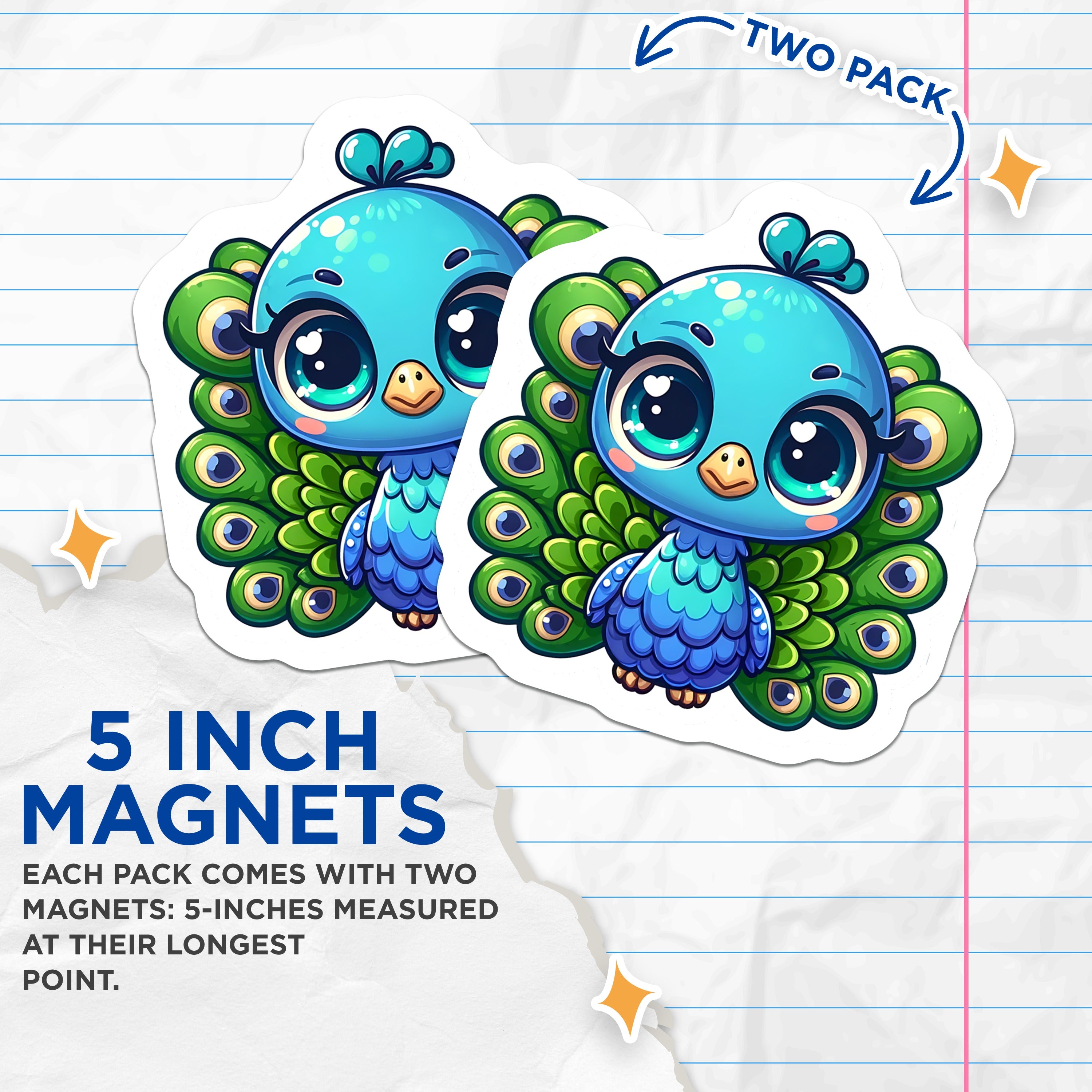 (2 Pack) Cute Peacock Magnets - Kawaii Animal Fridge Decor - Chibi Bird Locker Accessories - 5 Inches On Longest Side - Thick Durable Magnet - Made in USA - MAG36356
