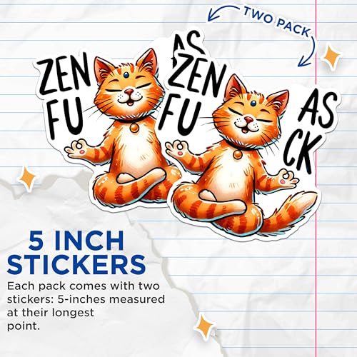(2 Packs) Zen As F*** Stickers - Funny Sarcastic Humor Cat Lover Mom Meditating Decals - 5 Inches On Longest Side - Premium Vinyl Decal - Sticks to Any Smooth Flat Surface - Made in USA - BMCS2425