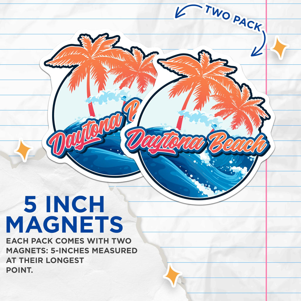 (2 Pack) Daytona Beach Magnets - Coastal Vacation Souvenir - Tropical Beach Artwork - 5 Inches On Longest Side - Thick Durable Magnet - Made in USA - MAG19172
