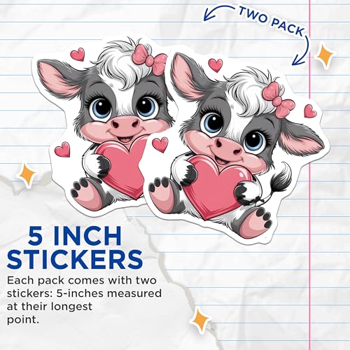 (2 Pack) Cute Cow Stickers - Adorable Animal Stickers - Heart Holding Cow Art Stickers - 5" On Longest Side - Sticks to Any Smooth Flat Surface - Made in USA - BMCS3406
