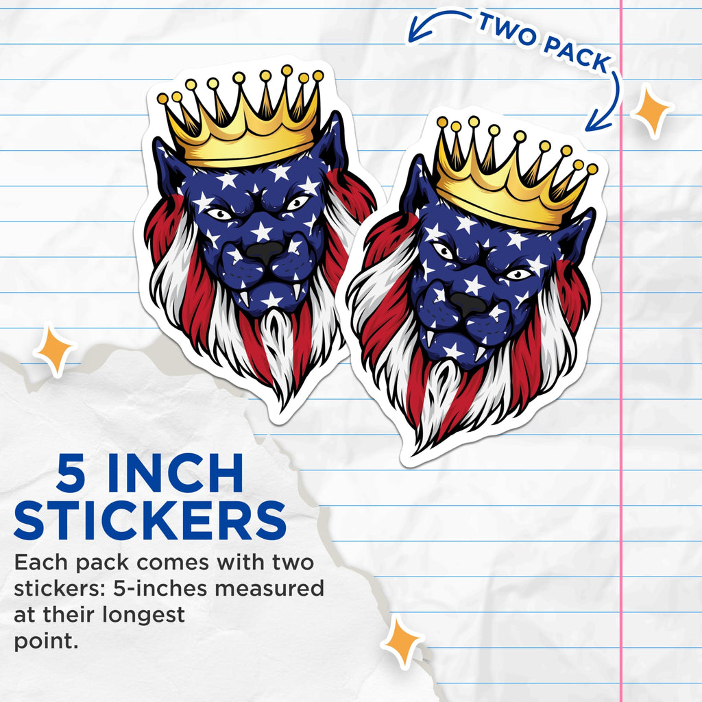 (2 Pack) American Flag Lion Stickers - Patriotic Animal Art - Crowned Lion Design - 5" On Longest Side - Sticks to Smooth Flat Surfaces - Made in USA - BMCS17987