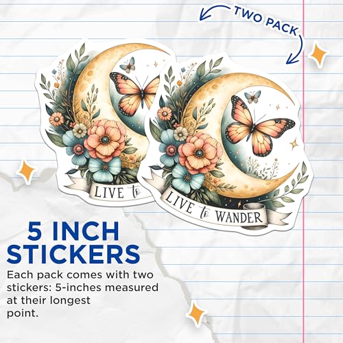 (2 Pack) Live to Wander Butterfly Stickers - Moon and Flowers Art - Wanderlust Vibes - 5" On Longest Side - Sticks to Smooth Flat Surfaces - Made in USA - BMCS9728