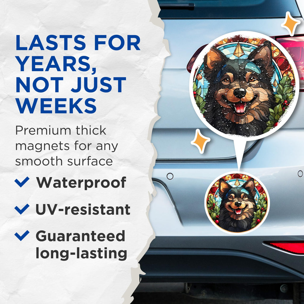 (2 Pack) Stained Glass Dog Magnets - Christmas Holiday Pet Decor - Happy Canine Refrigerator Art - 5 Inches On Longest Side - Thick Durable Magnet - Made in USA - MAG24016