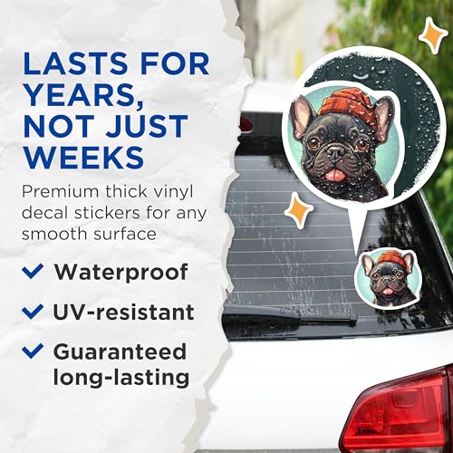 (2 Pack) French Bulldog Stickers - Cute Dog Stickers - Cartoon Dog Stickers - 5" On Longest Side - Sticks to Smooth Flat Surfaces - Made in USA - BMCS3937