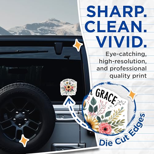 (2 Pack) Grow in Grace Stickers - Inspirational Floral Stickers - Sunflower and Roses Stickers - 5" On Longest Side - Sticks to Smooth Flat Surfaces - Made in USA - BMCS4079