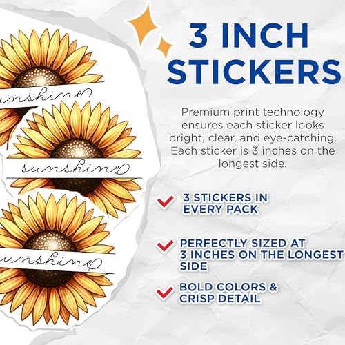 (3 Pack) Sunshine Sunflower Decals - Floral Stickers - Laptop Decoration - 3 Inches On Longest Side - Easy Peel & Apply - Made in USA - 3MCS6746