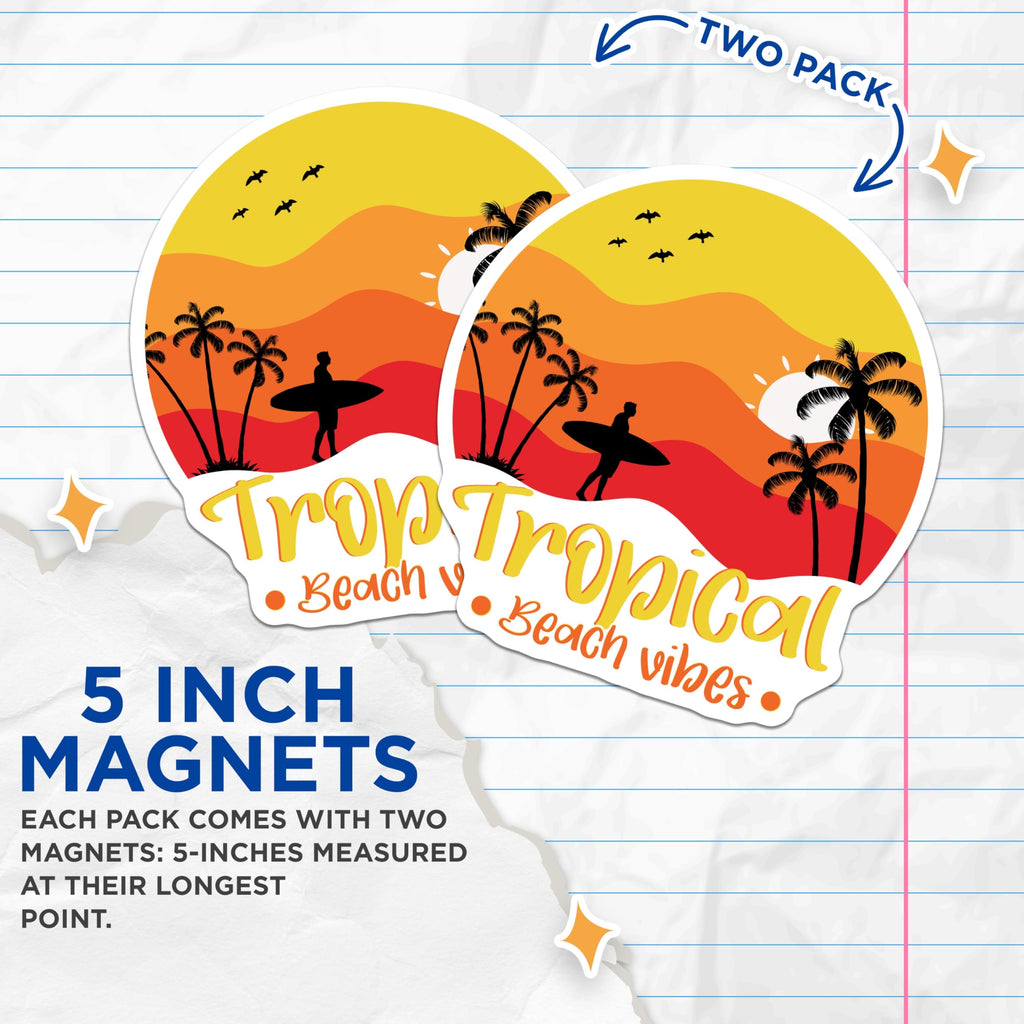 (2 Pack) Tropical Beach Magnets - Surfer Silhouette Sunset Scene - Palm Tree Ocean Vibes - Summer Vacation Decor - 5 Inches On Longest Side - Thick Durable Magnet - Made in USA - MAG21145
