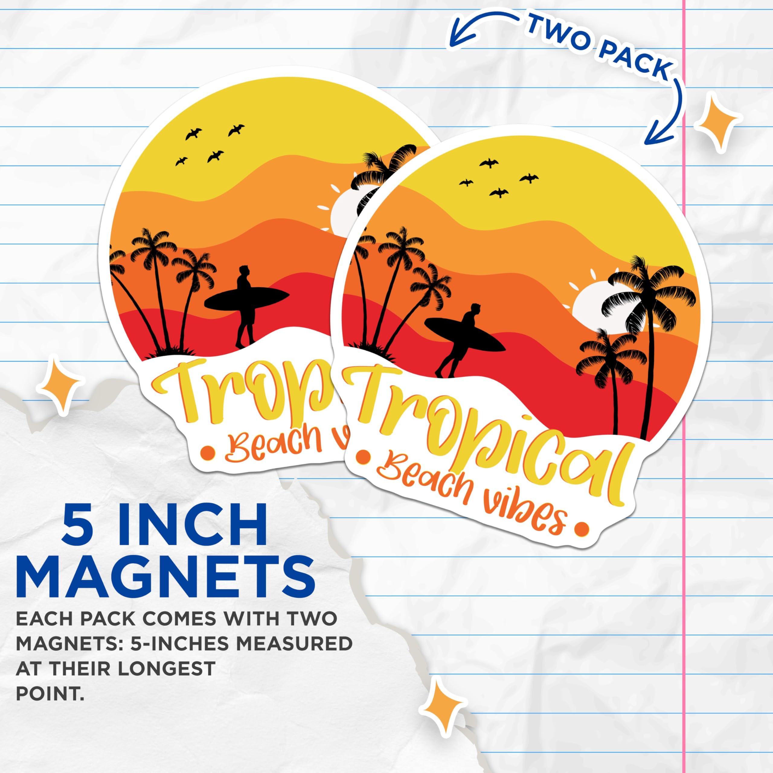 (2 Pack) Tropical Beach Magnets - Surfer Silhouette Sunset Scene - Palm Tree Ocean Vibes - Summer Vacation Decor - 5 Inches On Longest Side - Thick Durable Magnet - Made in USA - MAG21145