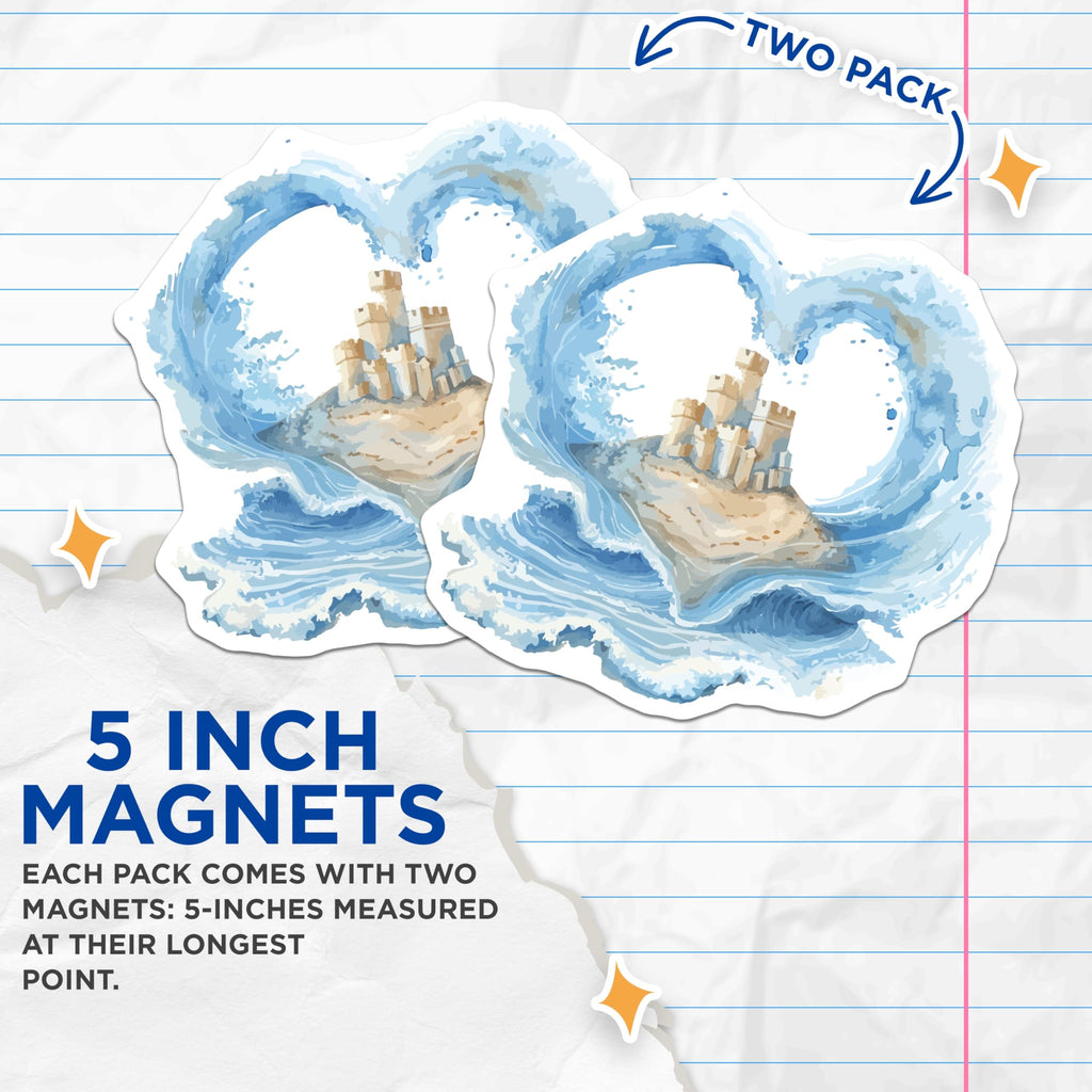 (2 Pack) Sandcastle Island Magnets Ocean Beach - Heart Shaped Wave Art Summer - Coastal Home Kitchen Refrigerator Decoration - 5 Inches On Longest Side - Thick Durable Magnet - Made in USA - MAG20030