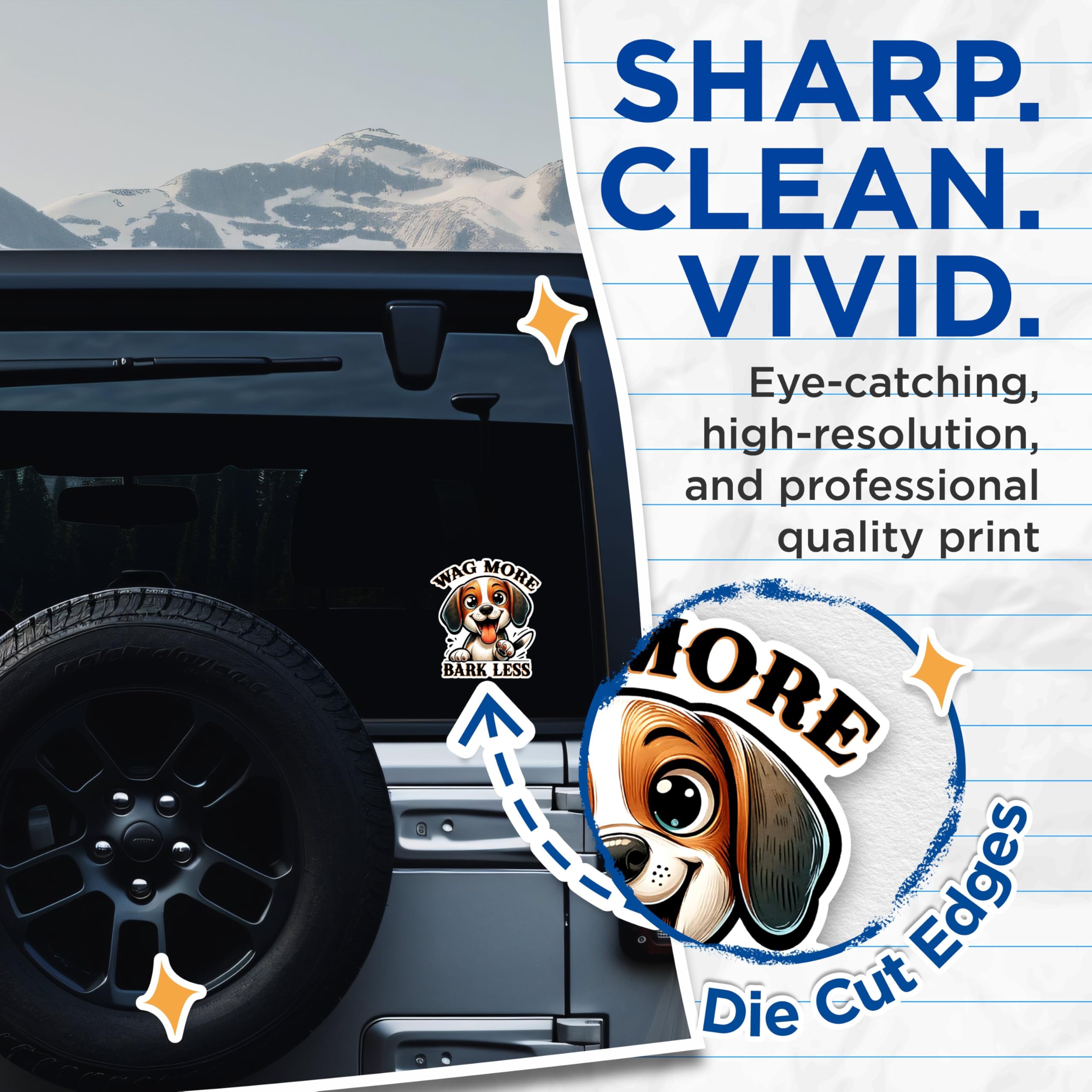 (2 Pack) Wag More Bark Less Stickers - Cute Dog Stickers - Motivational Pet Stickers - 5" On Longest Side - Sticks to Any Smooth Flat Surface - Made in USA - BMCS2822