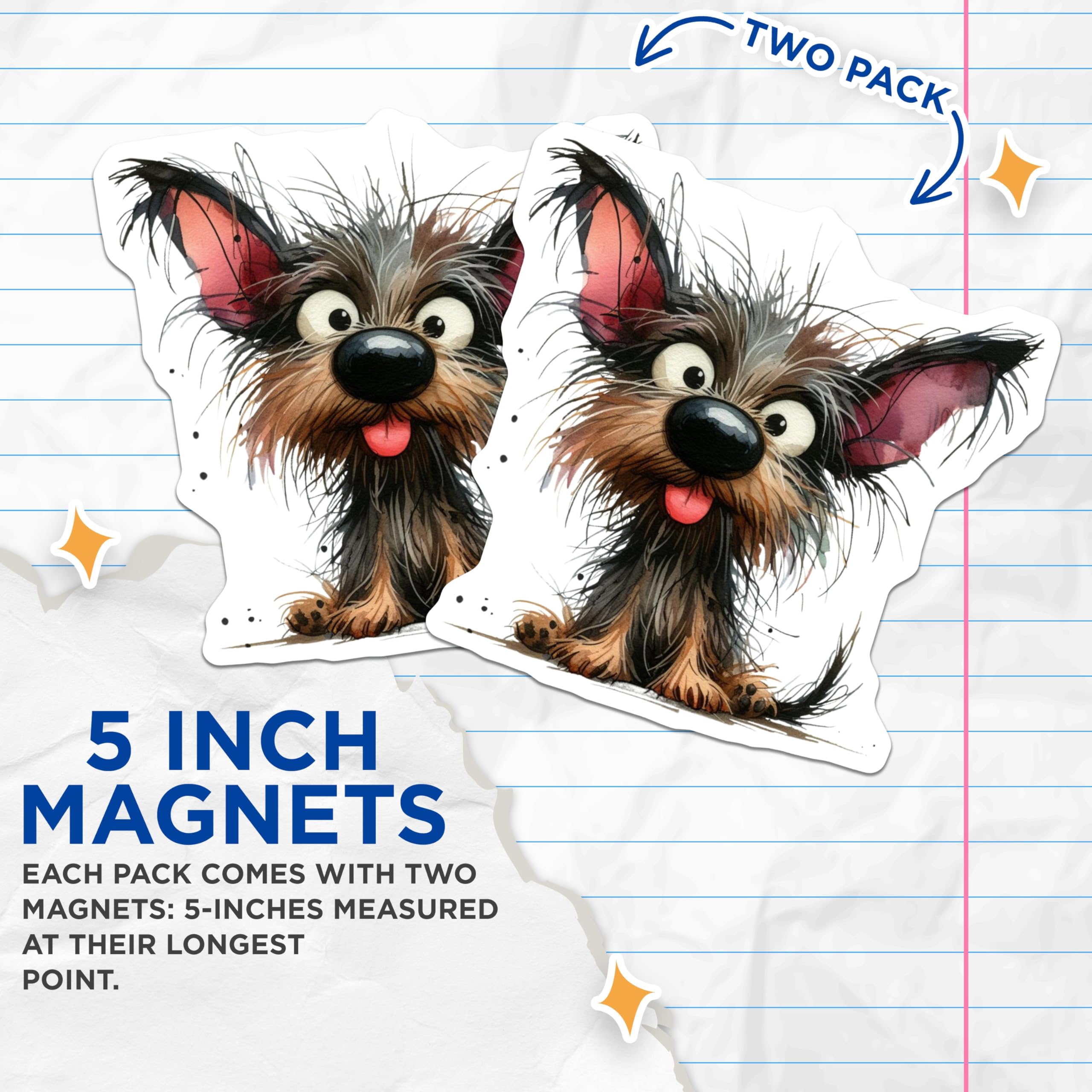 (2 Pack) Cute Scruffy Dog Magnets - Funny Cartoon Terrier Pet Lover Refrigerator Decor - Adorable Yorkie Art - 5 Inches On Longest Side - Thick Durable Magnet - Made in USA - MAG26292