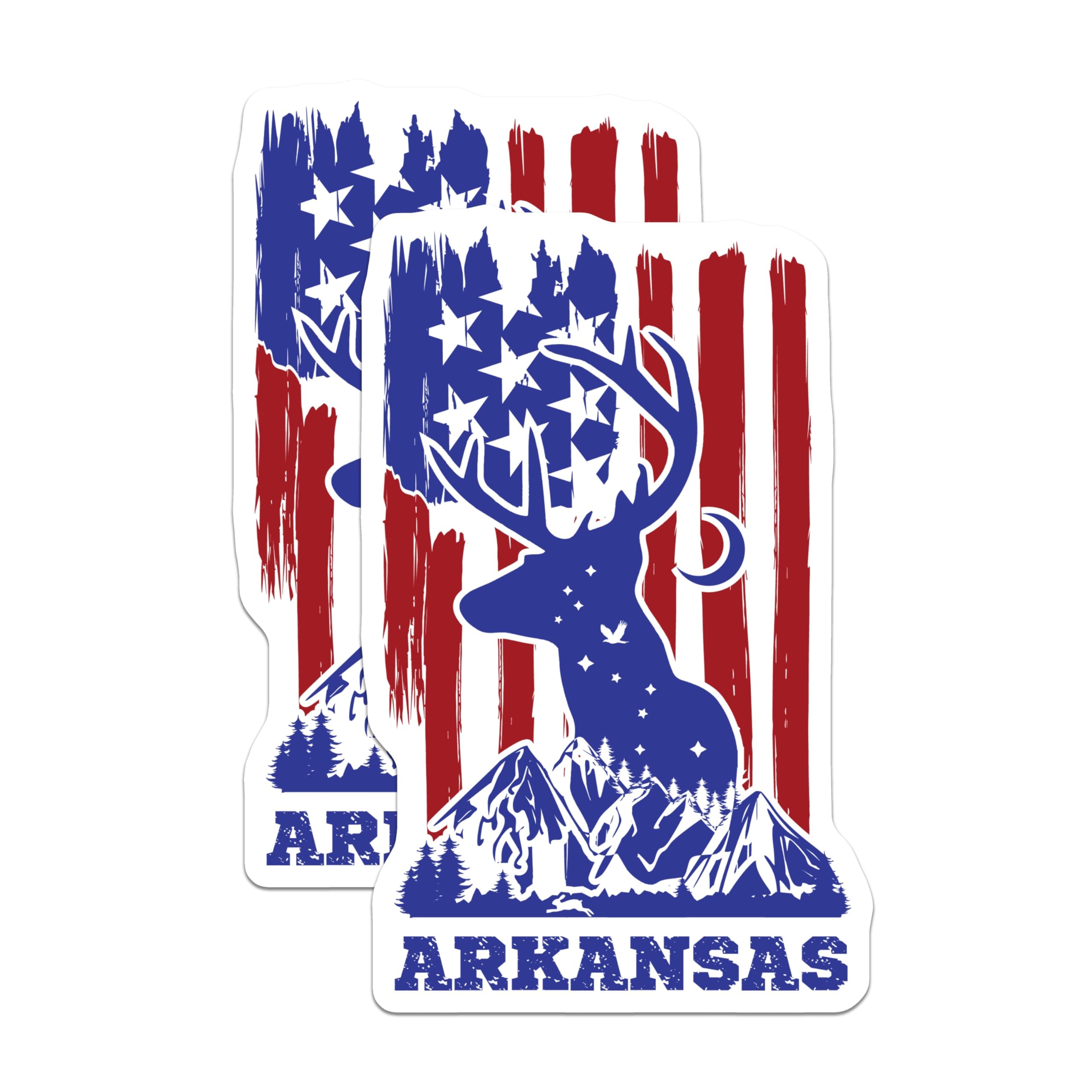 (2 Pack) Arkansas Deer Stickers - American Flag Patriotic - State Pride Souvenir - 5" On Longest Side - Sticks to Smooth Flat Surfaces - Made in USA - BMCS18088