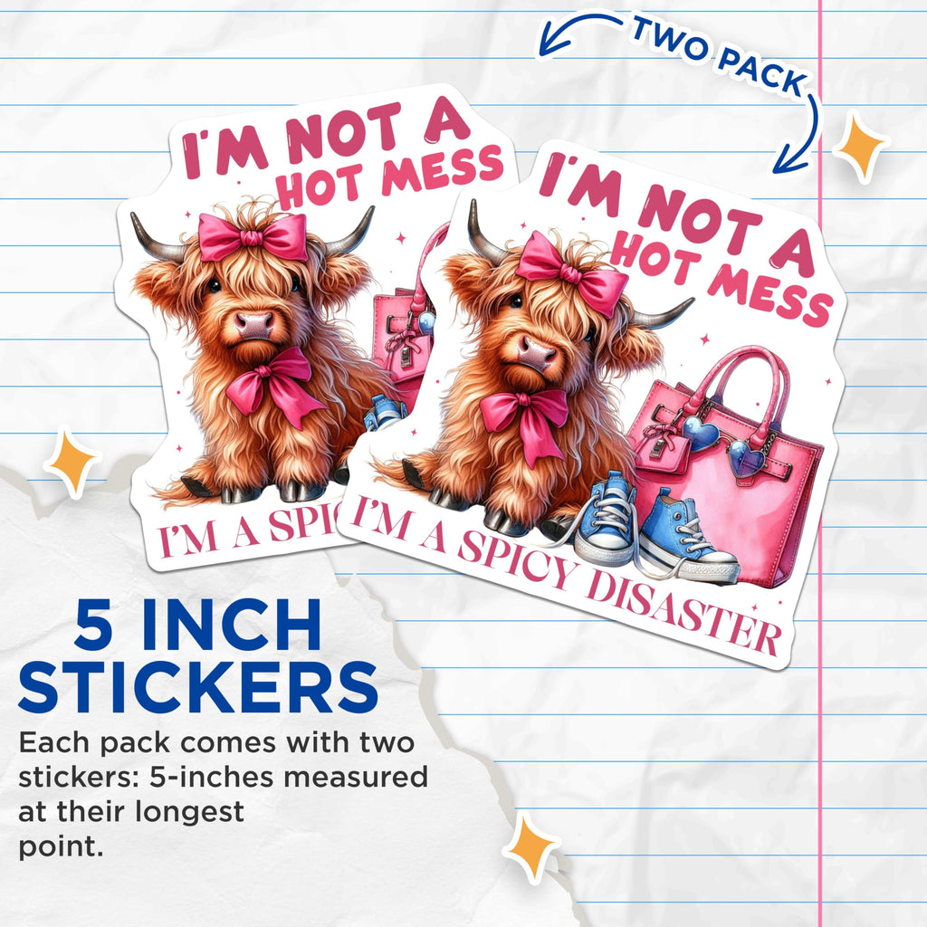 (2 Pack) I'm Not A Hot Mess Stickers - I'm A Spicy Disaster - Funny Cow Stickers - 5" On Longest Side - Sticks to Smooth Flat Surfaces - Made in USA - BMCS3705
