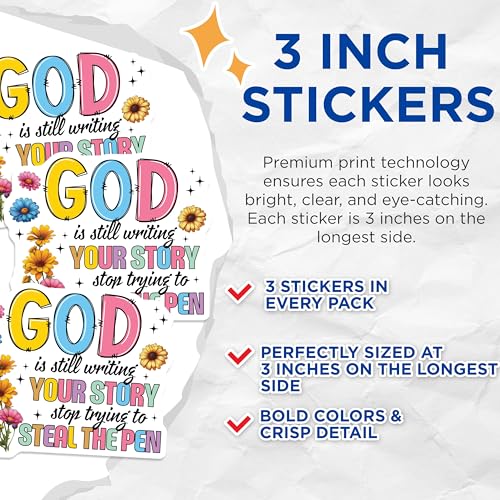 (3 Pack) God is Still Writing Your Story Decals - Floral Decor - Inspirational Saying - 3 Inches On Longest Side - Easy Peel & Apply - Made in USA - 3MCS2521