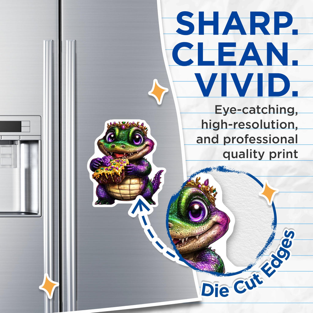 (2 Pack) King Cake Alligator Magnets - Mardi Gras Decor - Cute Alligator Decor - 5" On Longest Side - Premium Magnet - for Cars, Refrigerators, Toolboxes, Lockers - Made in USA - MAG15677