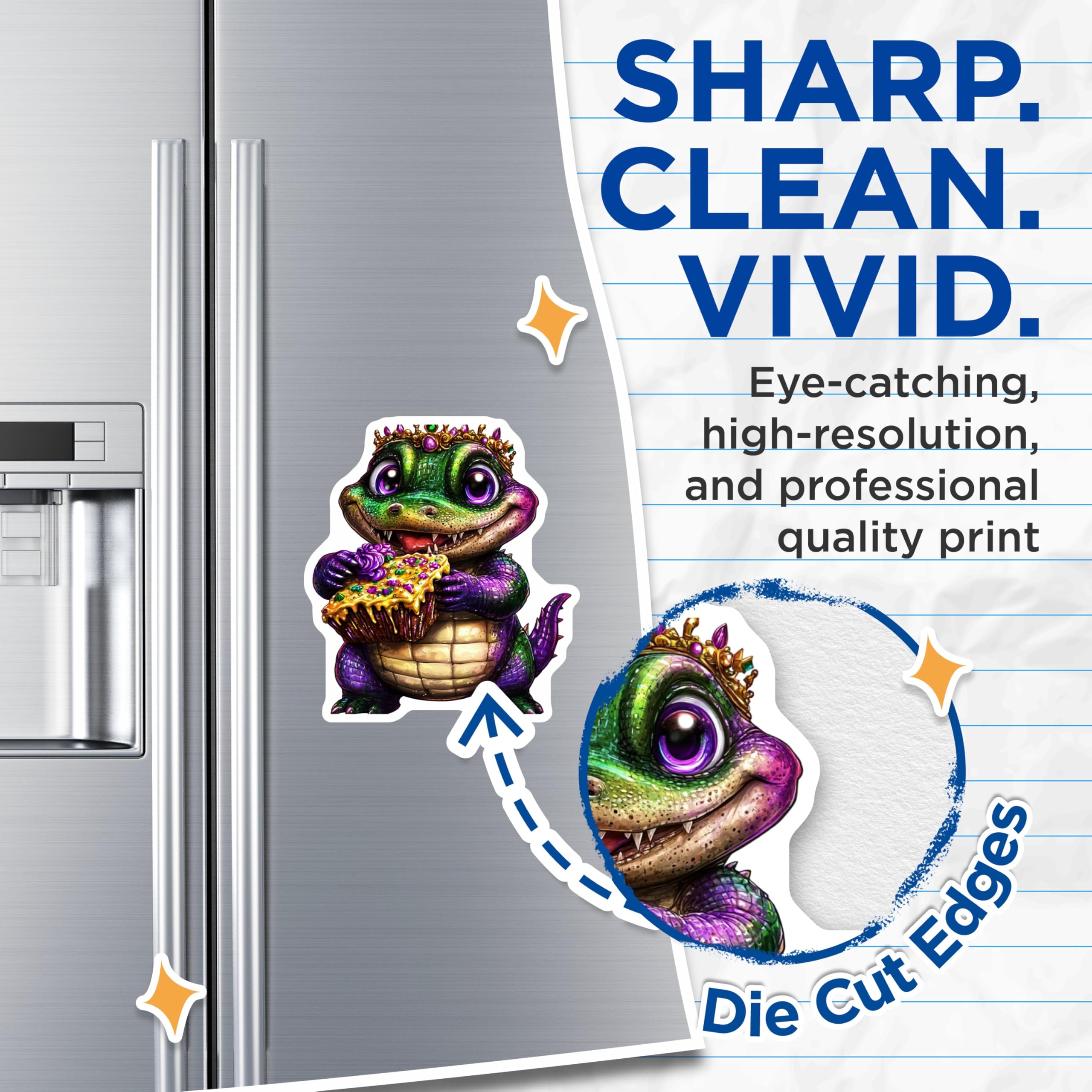 (2 Pack) King Cake Alligator Magnets - Mardi Gras Decor - Cute Alligator Decor - 5" On Longest Side - Premium Magnet - for Cars, Refrigerators, Toolboxes, Lockers - Made in USA - MAG15677