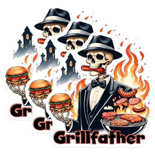(3 Pack) Grillfather Decals - BBQ Dad - Funny Skeleton - Grilling Decal - Grill Master - 3 Inches On Longest Side - Easy Peel & Apply - Made in USA - 3MCS6220