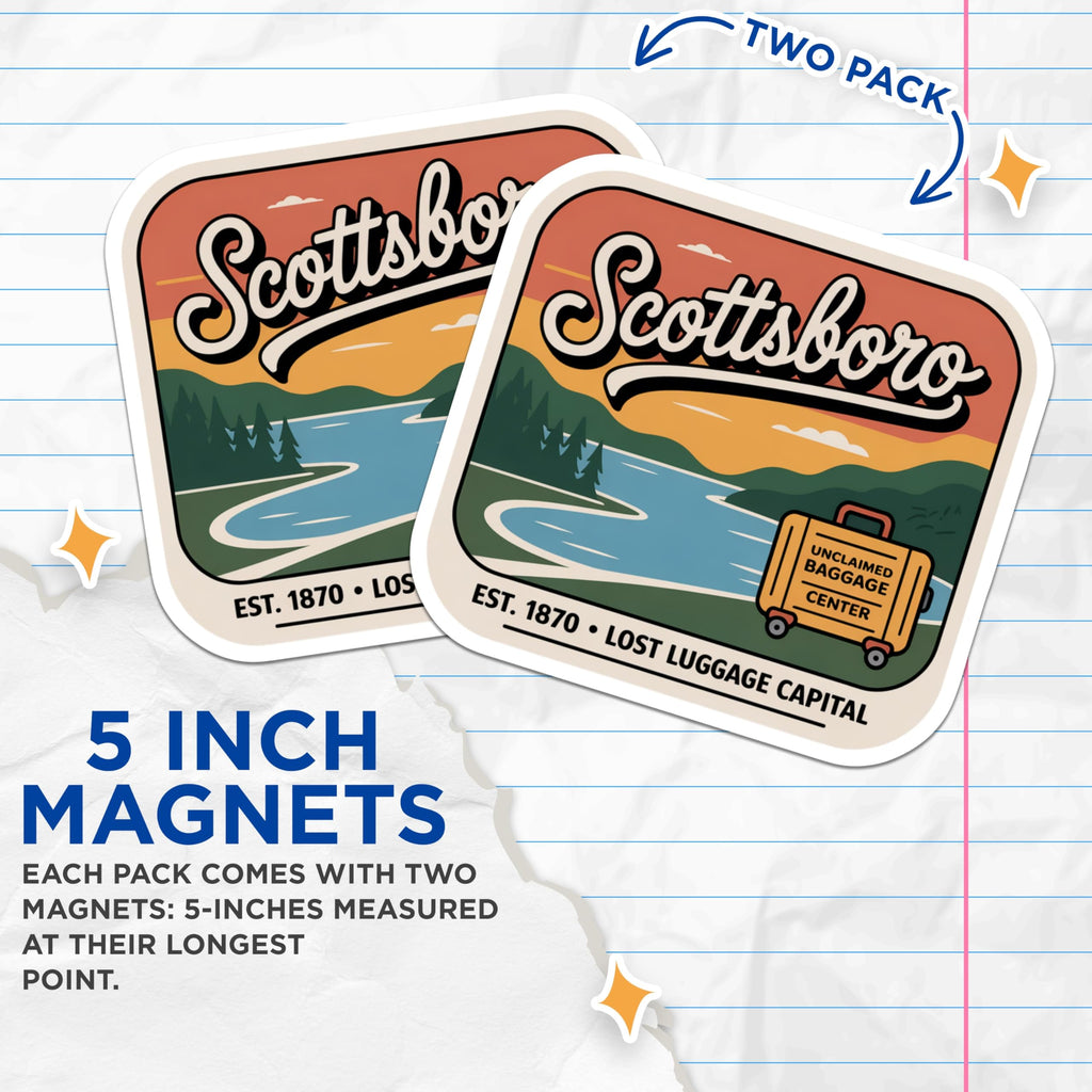 (2 Pack) Scottsboro Magnets - Unclaimed Baggage Center - Lost Luggage Capital Souvenir - 5" On Longest Side - Premium Magnet - for Cars, Refrigerators, Toolboxes, Lockers - Made in USA - MAG17545