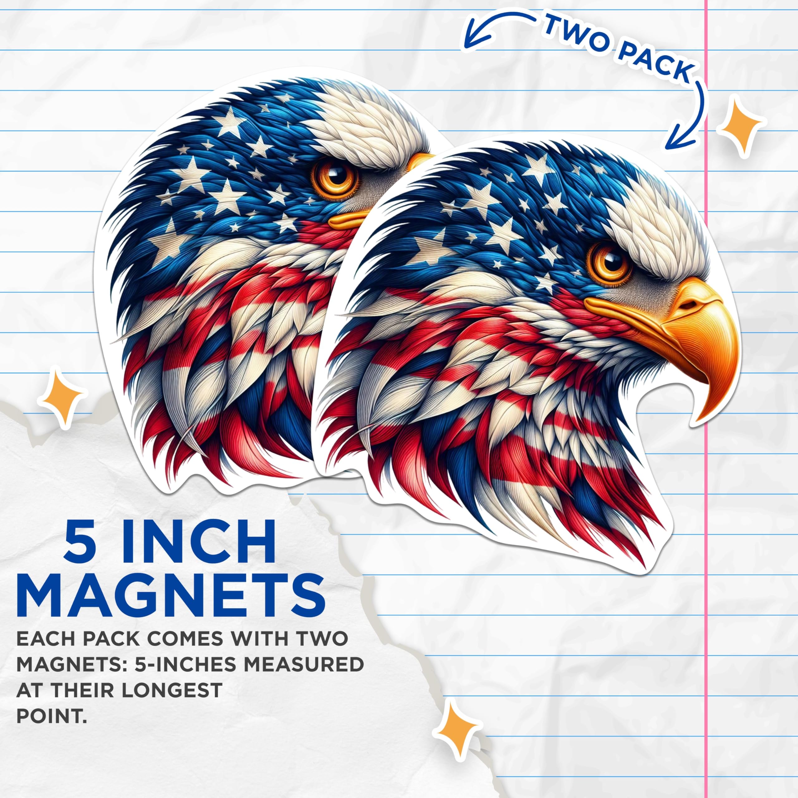 (2 Pack) Patriotic USA Flag Bald Eagle Screaming Eagle Magnets - USA Flag Magnets - 5 Inches On Longest Side - Premium Magnet - for Cars, Refrigerators, Toolboxes - Made in USA - MAG2121