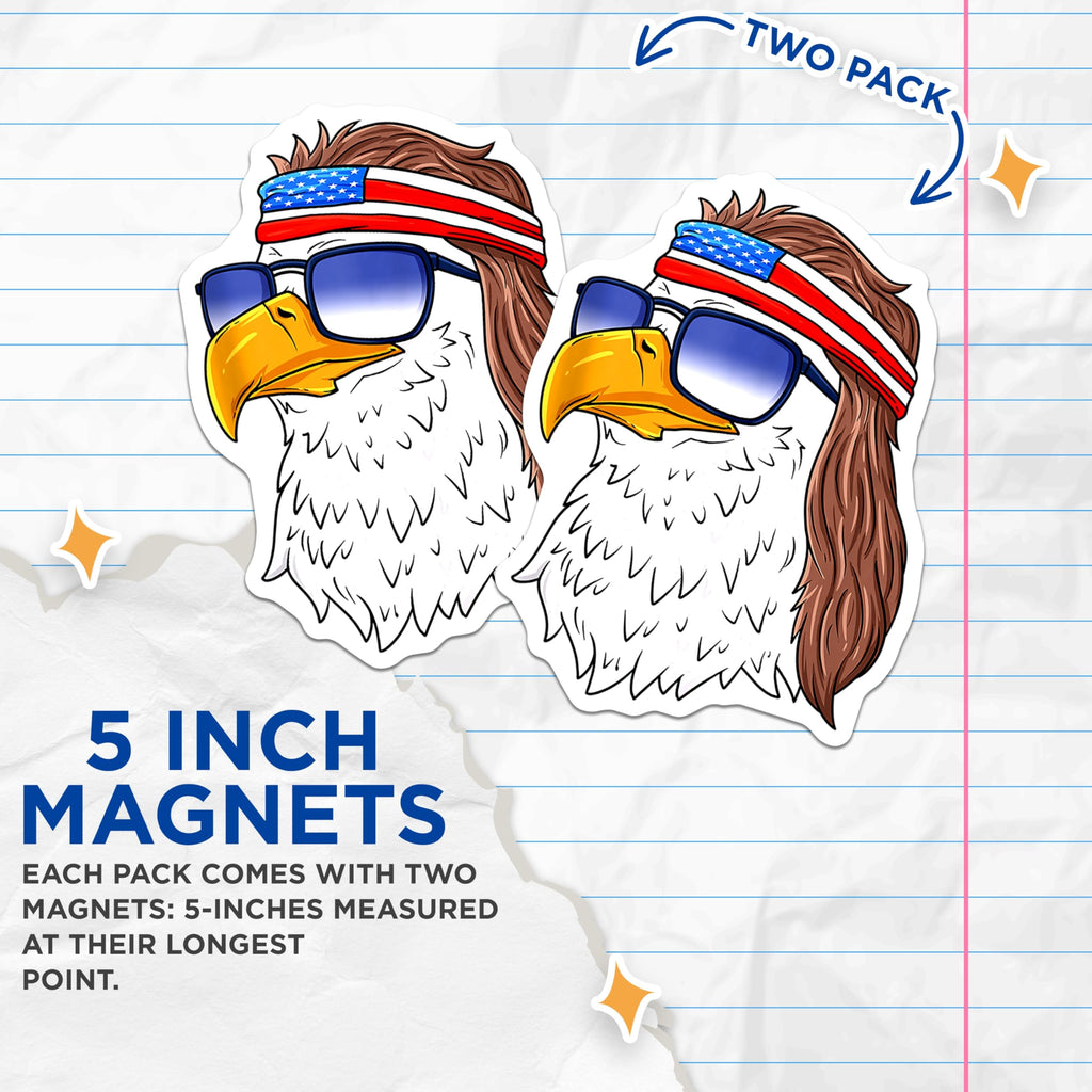 (2 Pack) American Bald Eagle Magnets - USA Flag Headband Sunglasses - Patriotic Mullet Fridge Locker Decoration - 5 Inches On Longest Side - Thick Durable Magnet - Made in USA - MAG24259