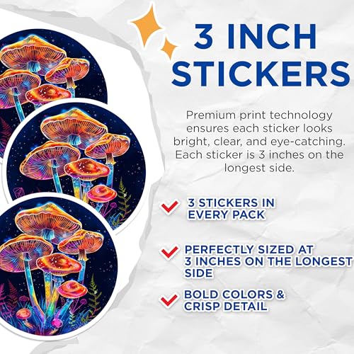 (3 Pack) Mushroom Decals - Psychedelic Art Stickers - Laptop Decal- 3 Inches On Longest Side - Easy Peel & Apply - Made in USA - 3MCS5540