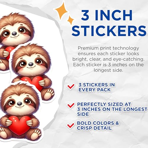(3 Pack) Cute Sloth Decals - Heart Sloth Stickers - Laptop Stickers - 3 Inches On Longest Side - Easy Peel & Apply - Made in USA - 3MCS2424