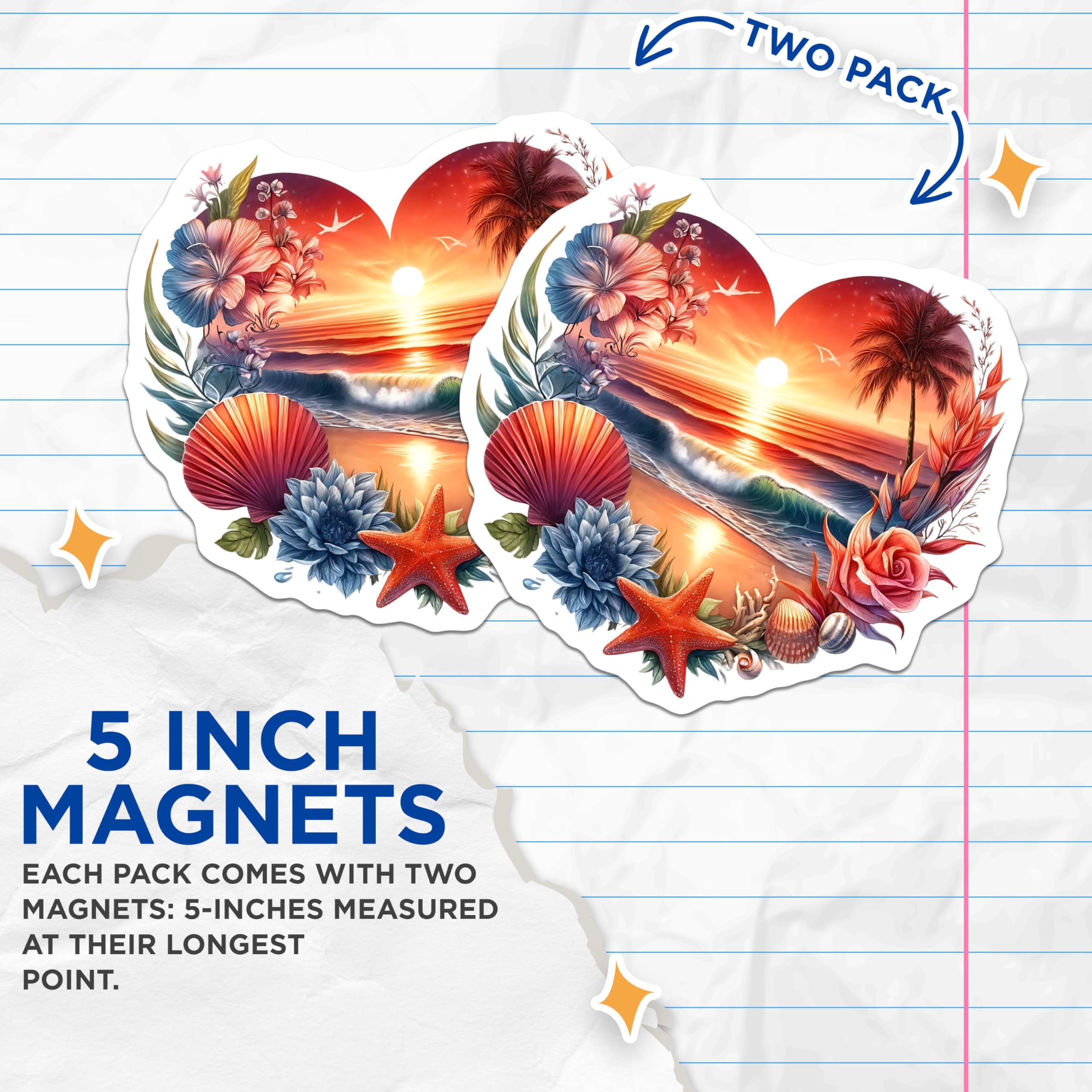 (2 Pack) Beach Heart Magnets - Ocean Sunset Decor - Coastal Home Accent Fridge Magnets - 5" On Longest Side - Premium Magnet - for Cars, Refrigerators, Toolboxes, Lockers - Made in USA - MAG14633