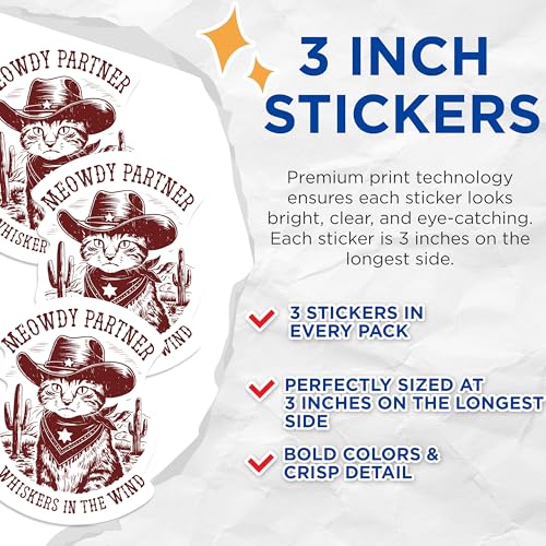(3 Pack) Cowboy Cat Decals - Western Kitten Art - Meowdy Partner Laptop Decals - 3 Inches On Longest Side - Easy Peel & Apply - Made in USA - 3MCS1090