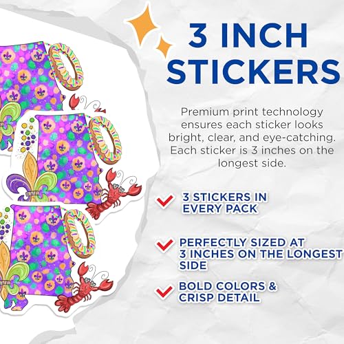 (3 Pack) Mardi Gras Decals - Louisiana Symbols - Laptop Decals - 3 Inches On Longest Side - Easy Peel & Apply - Made in USA - 3MCS2571