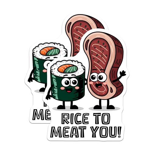 (2 Pack) Funny Food Stickers - Sushi and Steak - Cute Meat Pun - Food Lover Decal Pack - Kawaii Meal - 5" On Longest Side - Sticks to Smooth Flat Surfaces - Made in USA - BMCS7641