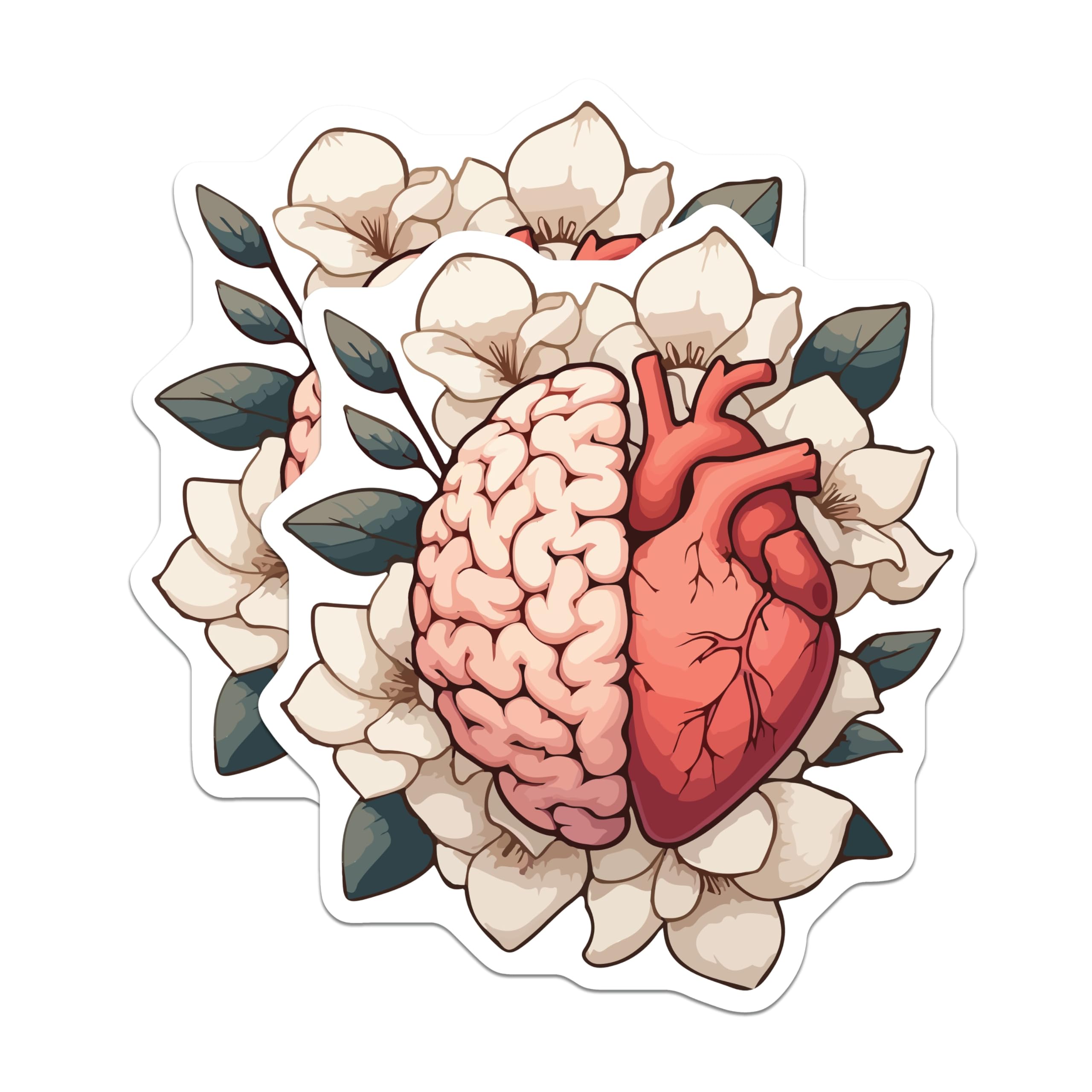 (2 Pack) Anatomical Brain Heart Magnets - Floral Mind Emotion Balance Art - Magnolia Flower Medical Science Decor - 5 Inches On Longest Side - Thick Durable Magnet - Made in USA - MAG19737