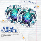 (2 Pack) Turtle Mandala Magnets - Ocean Life - Sea Turtle Art - Colorful Turtle Magnet - 5" On Longest Side - for Cars, Fridges, Toolboxes - Made in USA - MAG4496
