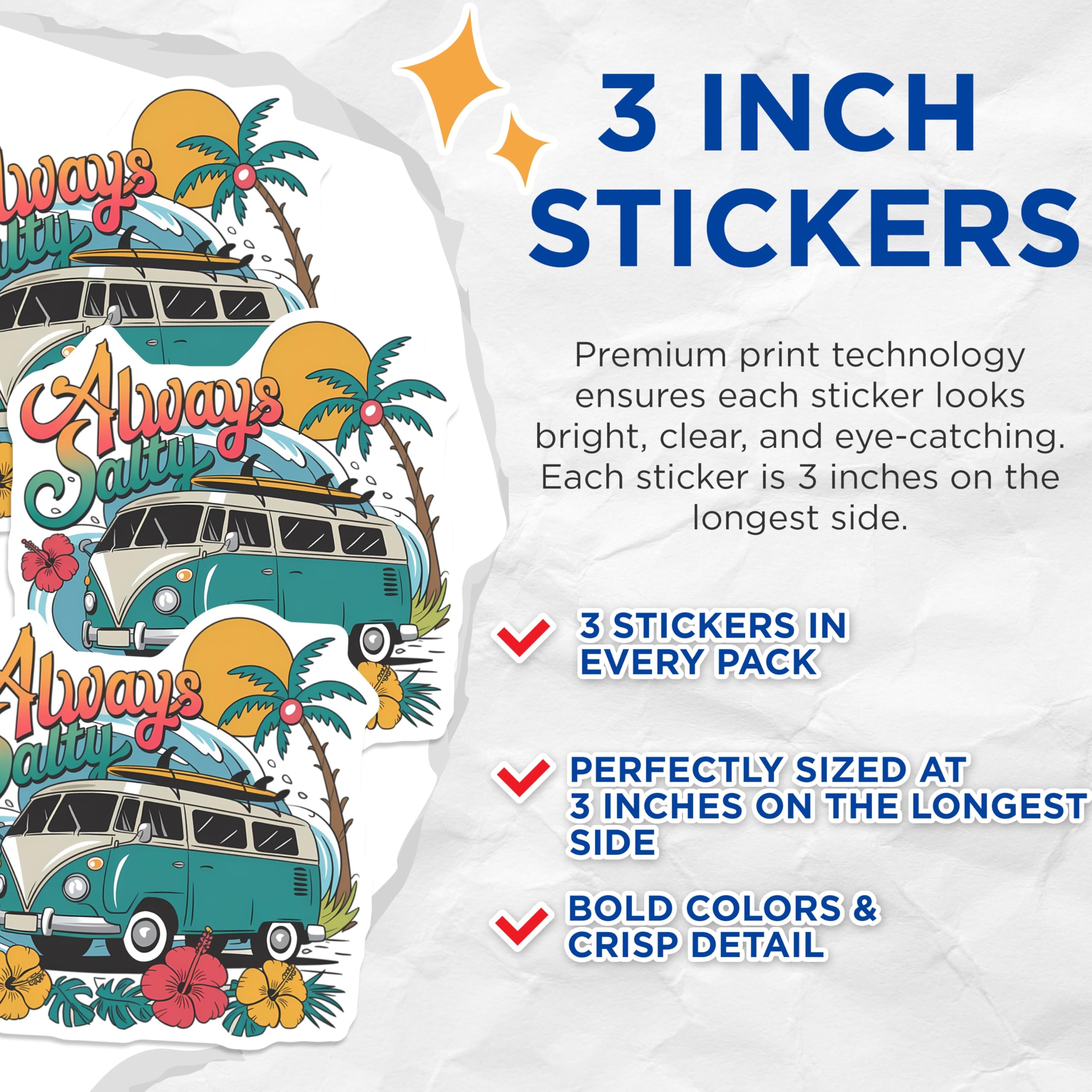(3 Pack) Always Salty Decals - Beach Van - Laptop Decals - 3 Inches On Longest Side - Easy Peel & Apply - Made in USA - 3MCS8187
