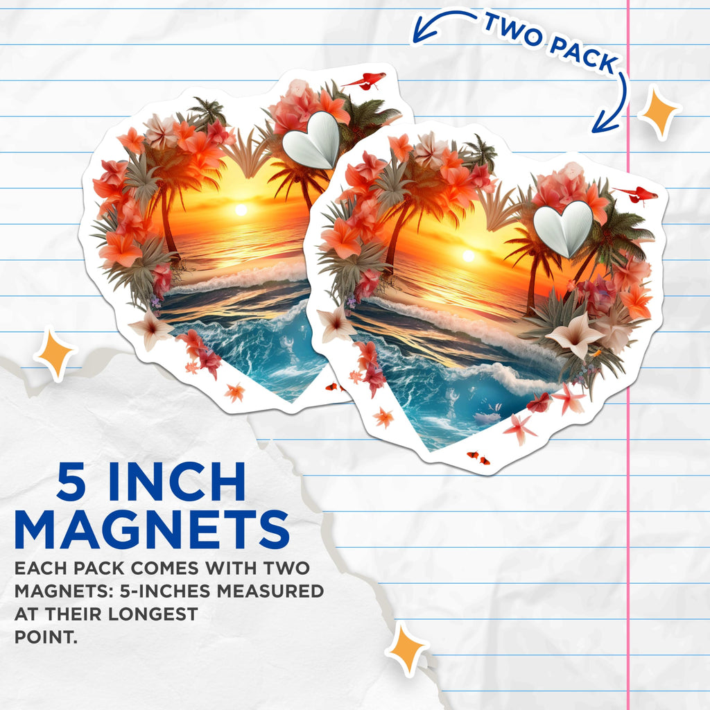 (2 Pack) Heart Sunset Magnets - Tropical Beach Palm Tree Ocean Waves - Vibrant Floral Island Love Art - 5 Inches On Longest Side - Thick Durable Magnet - Made in USA - MAG20115