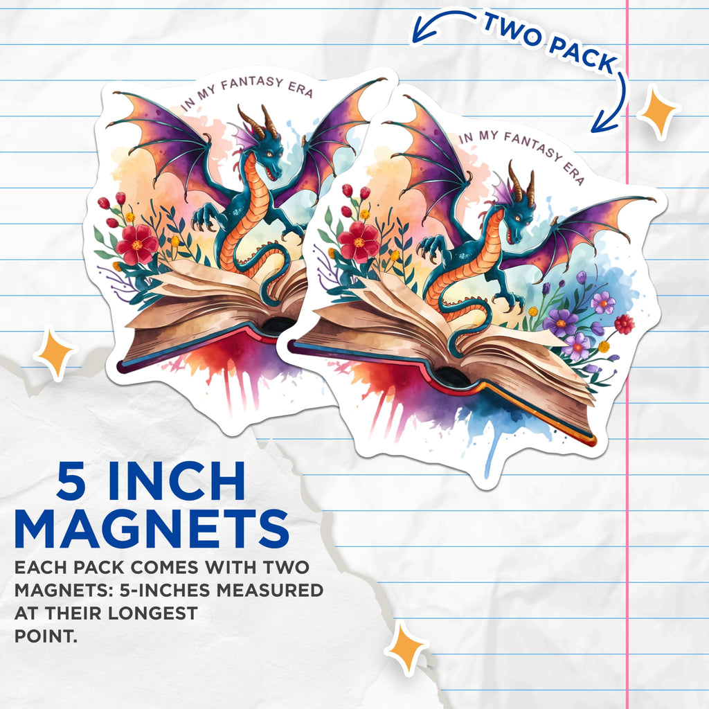 (2 Pack) Fantasy Dragon Magnets - in My Fantasy Era Bookish Decor - Magical Creature Reader Accessories for Refrigerators - 5 Inches On Longest Side - Thick Durable Magnet - Made in USA - MAG21928