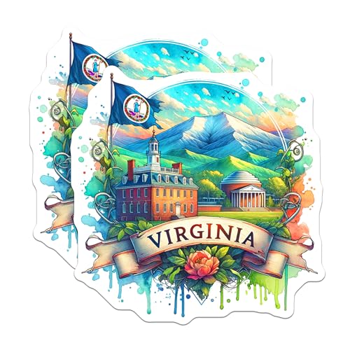 (2 Pack) Virginia Illustration Stickers - State Art Decal - Virginia Souvenir - Virginia Pride - Travel Memento - 5" On Longest Side - Sticks to Smooth Flat Surfaces - Made in USA - BMCS6869