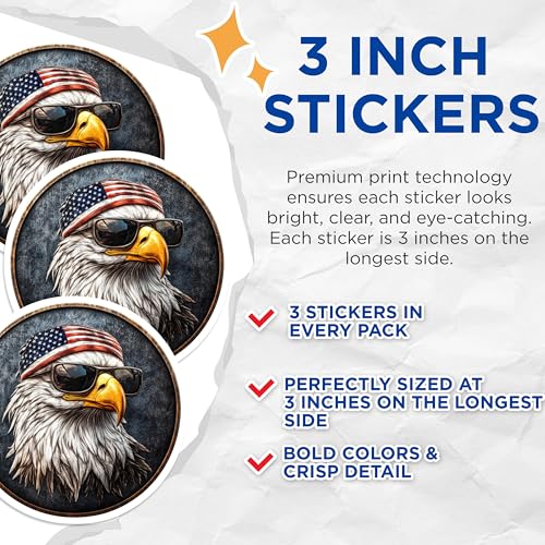 (3 Pack) Eagle Decals - American Flag Bandana - Cool Sunglasses Laptop Decal - 3 Inches On Longest Side - Easy Peel & Apply - Made in USA - 3MCS0045
