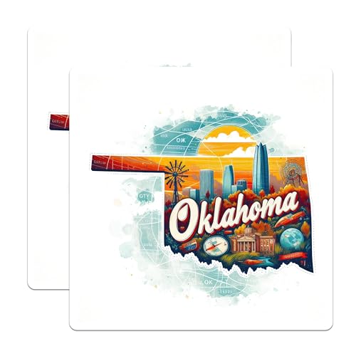 (2 Pack) Oklahoma Travel Stickers - State Souvenir - Vintage Oklahoma Cityscape - 5" On Longest Side - Sticks to Smooth Flat Surfaces - Made in USA - BMCS5238