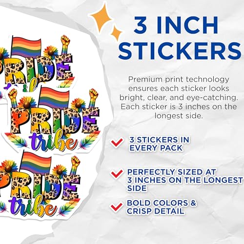 (3 Pack) Pride Tribe Decals - Rainbow Flag - LGBTQ+ Decals - 3 Inches On Longest Side - Easy Peel & Apply - Made in USA - 3MCS7042