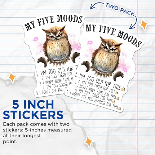 (2 Pack) Funny Owl Stickers - My Five Moods - Humorous Animal Decals - 5" On Longest Side - Sticks to Smooth Flat Surfaces - Made in USA - BMCS7733