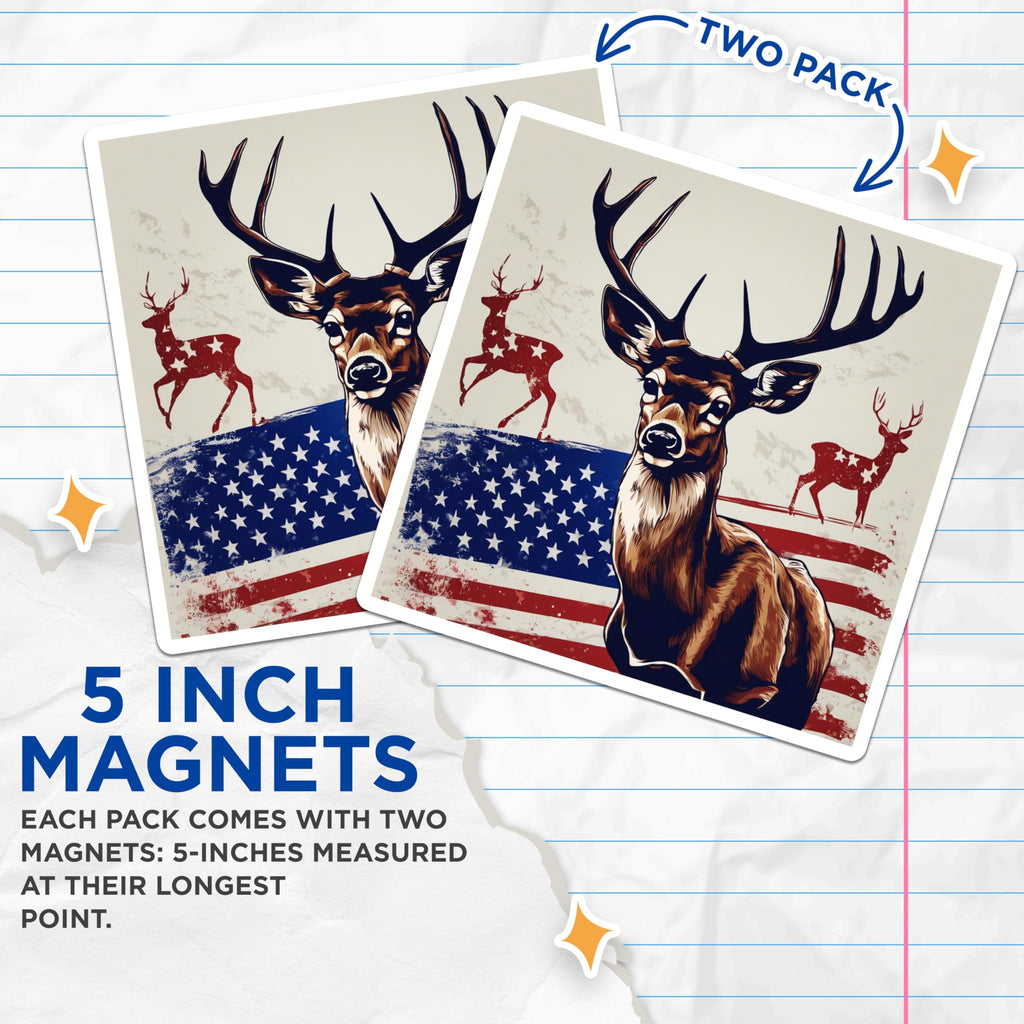 (2 Pack) Patriotic Deer Magnets - American Flag Buck Art - Hunter Outdoorsman Wildlife Collector - Rustic Americana Decor - 5 Inches On Longest Side - Thick Durable Magnet - Made in USA - MAG19709