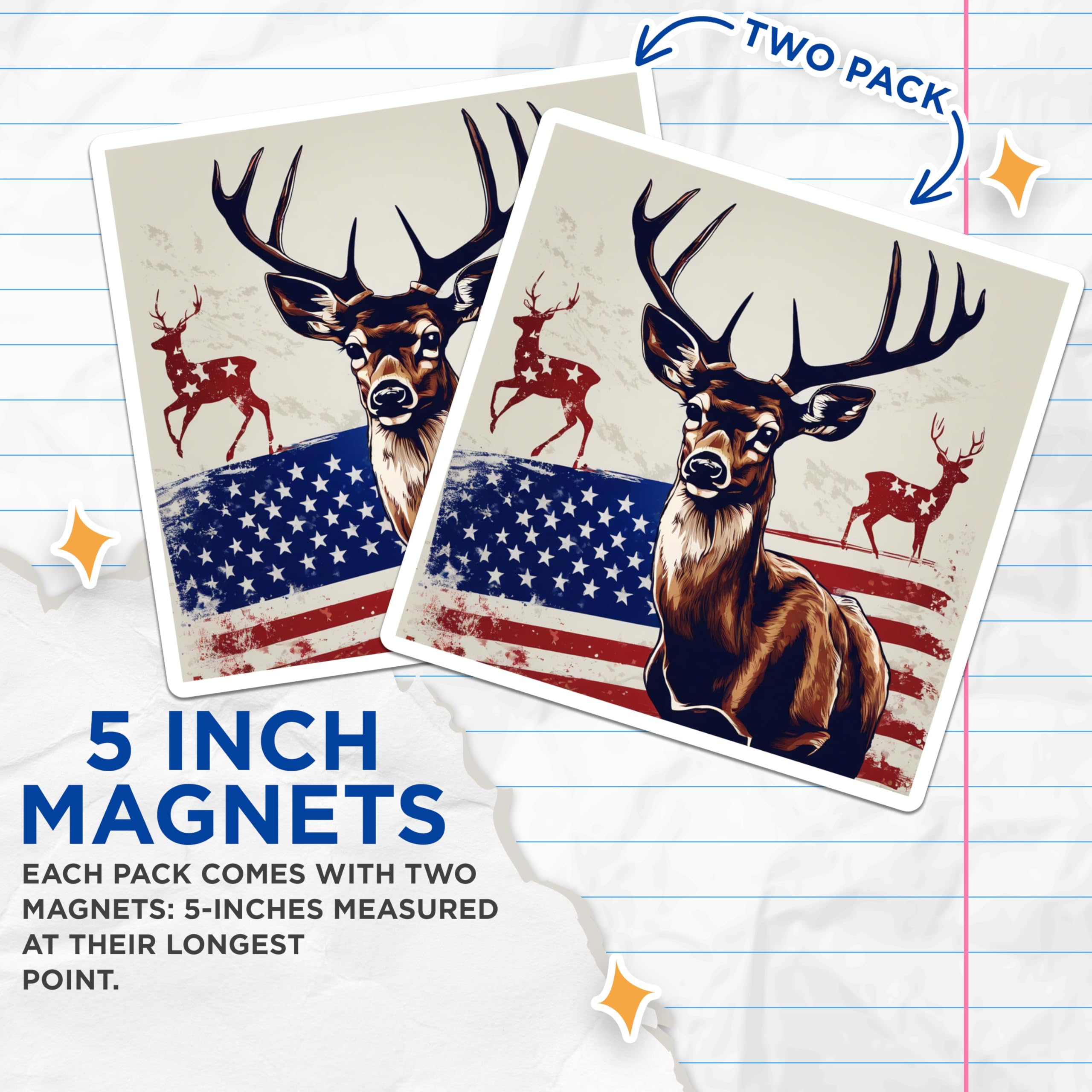 (2 Pack) Patriotic Deer Magnets - American Flag Buck Art - Hunter Outdoorsman Wildlife Collector - Rustic Americana Decor - 5 Inches On Longest Side - Thick Durable Magnet - Made in USA - MAG19709